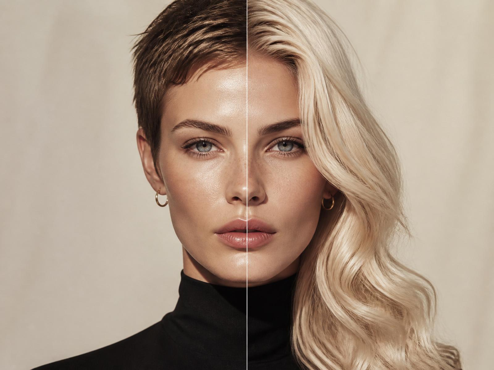 Same woman with two different hairstyles — pixie cut on the left, long blonde waves on the right